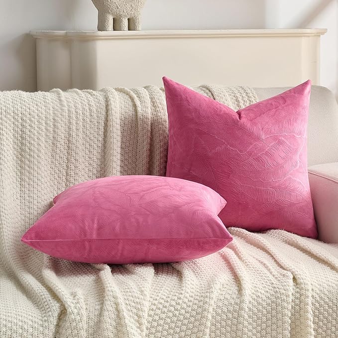 FUTEI Hot Pink Velvet Throw Pillow Covers 26x26 Inch Set of 2,Soft Embossed Leaf-Relief Textured Euro Pillow Shams,Natural Home Decor for Couch Living Room