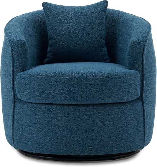 Swivel Accent Chair, Modern Upholstered Boucle Barrel Arm Chairs with Pillow for Living Room, 360 Degree Round Swivel Sherpa Armchair with Round Base for Bedroom Club (1, Dark Blue)