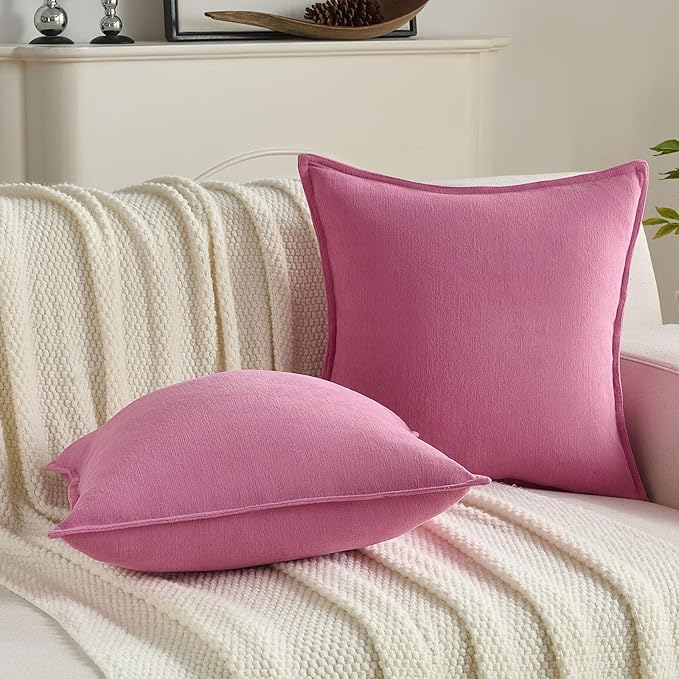 FUTEI Hot Pink Chenille Throw Pillow Covers 18x18 Inch Set of 2,Edges Double-Stitched Cushion Cases,Modern Home Decor for Couch Living Room
