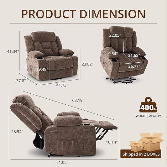 Dual Motor Power Lift Recliner Chair for Elderly, Large Electric Lift Recliner with Massage and Heat, Cup Holders, Side Pocket, Fabric(Brown)