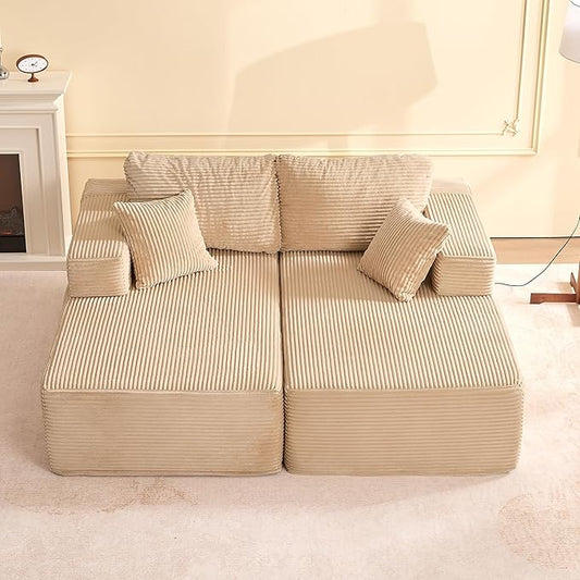 Chaise Lounge Chair, Boneless Couch for Living Room and Bedroom, Sleeper Couches Reading Chairs, Corduroy, Camel