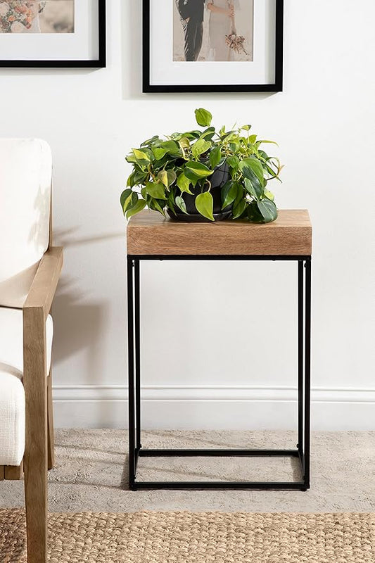 Kate and Laurel Karlsen Wood and Metal Narrow Side Table; 16 x 24 x 8; Natural Brown and Black; Modern Transitional Slim Nightstand with Mixed Materials Design