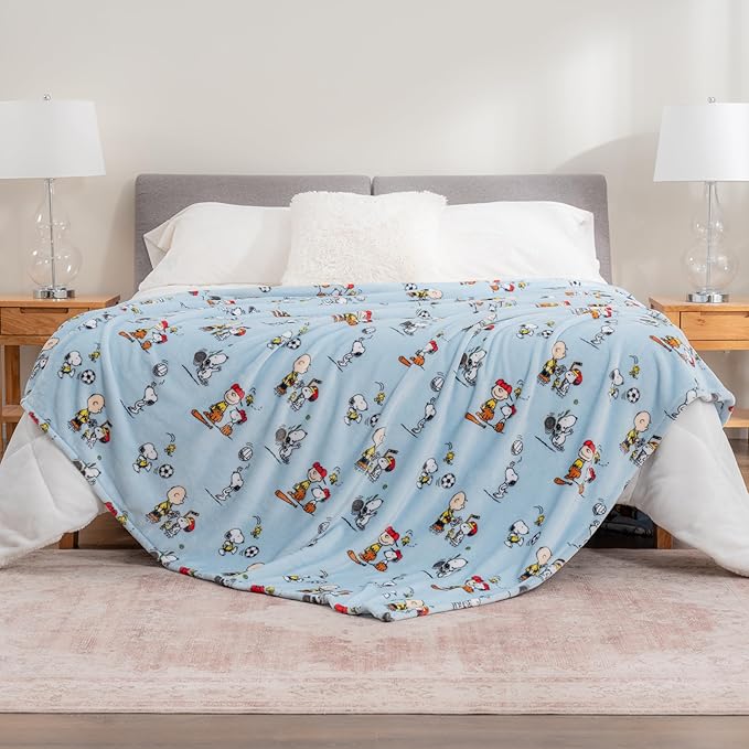 Berkshire Blanket Peanuts® VelvetLoft® Cute Character Snoopy Plush Blanket,Snoopy The Athlete Closed in Blue,Twin 60 in x 90 in (Official Peanuts® Product)