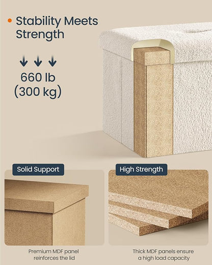 SONGMICS Small Folding Storage Ottoman, Foot Rest Stool, 15 x 15 x 15 Inches, Ottoman with Storage, Load up to 660 lb, for Living Room, Bedroom, Dorm, Cream White ULSF095W01