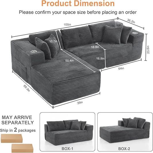 Modular Sectional Sofa, L Shaped Comfy Cloud Couch with Deep Seat, Boneless Couch for Living Room, Modern Corduroy Sectional Sofa with Chaise, No Assembly Required, Sofa in A Box, Dark Gray