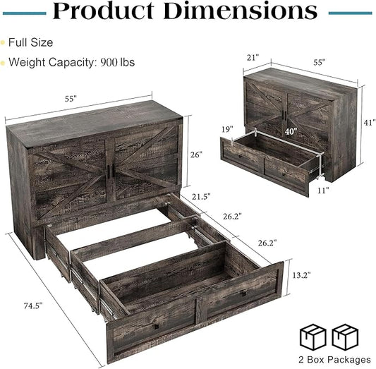 Full Murphy Bed with Storage and Charging Station, Farmhouse Cabinet Bed, Noise-Free, for Guest Room, Apartment, or Office, Black Oak