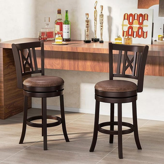 COSTWAY Bar Stools Set of 2, 26” Swivel Bar Chairs with Footrest, Rubber Wood Frame & Hollowed Backrest, Leathaire Counter Height Stools, Padded Counter Stools for Kitchen Island & Pub (2, 26'')