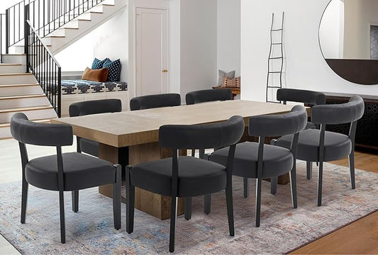 Modern Black Dining Chairs Set of 8, Faux Leather Upholstered Kitchen & Dining Room Chairs, Mid Century Modern Wooden Dining Chairs Oversized Sturdy Rounded Chairs Curved Back