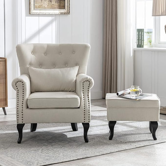 chairus Mid-Century Modern Accent Chair with Ottoman, Comfy Linen Single Sofa Chair Button Tufted Wingback Armchair with Pillow for Living Room/Bedroom/Club - Beige