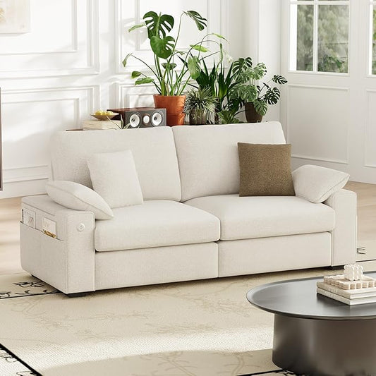 76" Loveseat Sofa, Cloud Foam Couch, 3 Seater Upholstered Midcentury Mondern Love Seat with USB Type C Ports, 4 Pillows and Flip-Open Storage Armrest for Living Room/Small Spaces, Beige