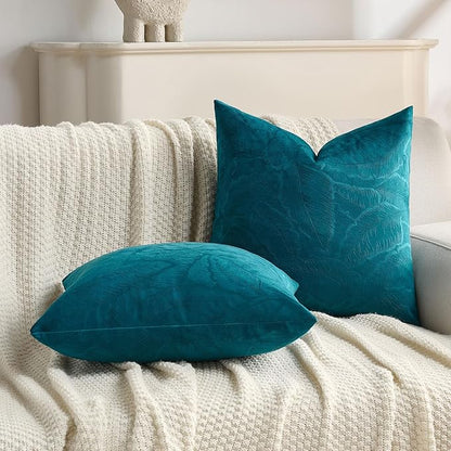 FUTEI Teal Velvet Throw Pillow Covers 12x20 Inch Set of 2,Soft Embossed Leaf-Relief Textured Lumbar Pillow Cases,Natural Home Decor for Couch Living Room