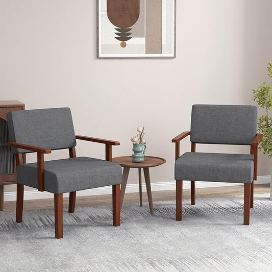 Giantex Modern Accent Chair Set of 2, Linen Living Room Arm Chair w/Soft Padded Seat & Backrest, Rubber Wood Frame, Mid Century Upholstered Reading Chair for Living Room, Bedroom, Reception, Grey
