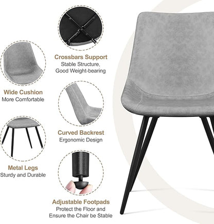 Yaheetech Dining Chairs Set of 2 Modern Upholstered Dining Room Chairs with Faux Leather Seat and Metal Legs for Home, Kitchen, Armless Design, Gray