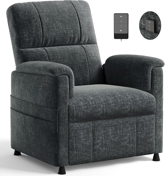 Amada Small Power Recliner Chair for Adults, Chenille Electric Reclining Chair for Small Spaces with Remote & Side Pockets, Thick Seat Cushion for Home Theater, RV, Living Room & Bedroom (Dark Grey)