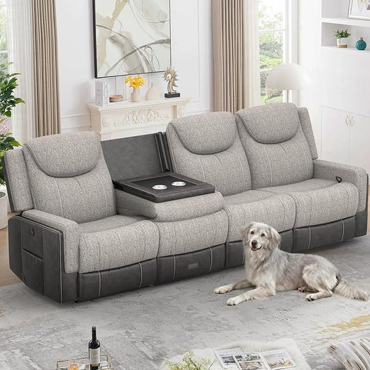 4 Seat Manual Reclining Sofa, Flip Middle Backrest 2-in-1 Recliner Couch with Large Storage Drawer, USB Ports & Cup Holders, Grey Linen & Leather 4 Seater Recliner Sofa for Living Room