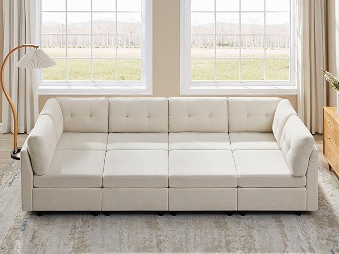 VANOMi 118" Modular Sectional Sofa with 2 Ottomans, 8 Seater Convertible Modular Cloud Sofa Bed, Comfy Chenille Sofas & Couches for Living Room, Apartment, Office, Beige, Large Sofa Bed