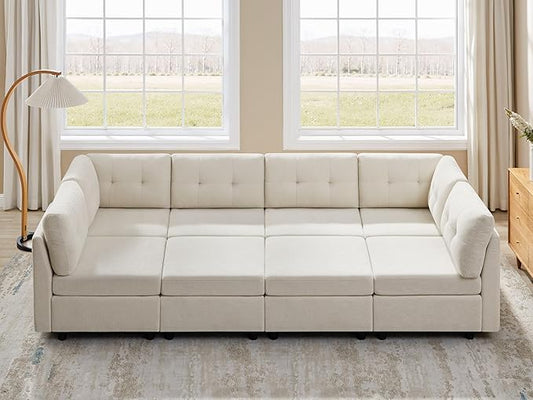 VANOMi 118" Modular Sectional Sofa with 2 Ottomans, 8 Seater Convertible Modular Cloud Sofa Bed, Comfy Chenille Sofas & Couches for Living Room, Apartment, Office, Beige, Large Sofa Bed