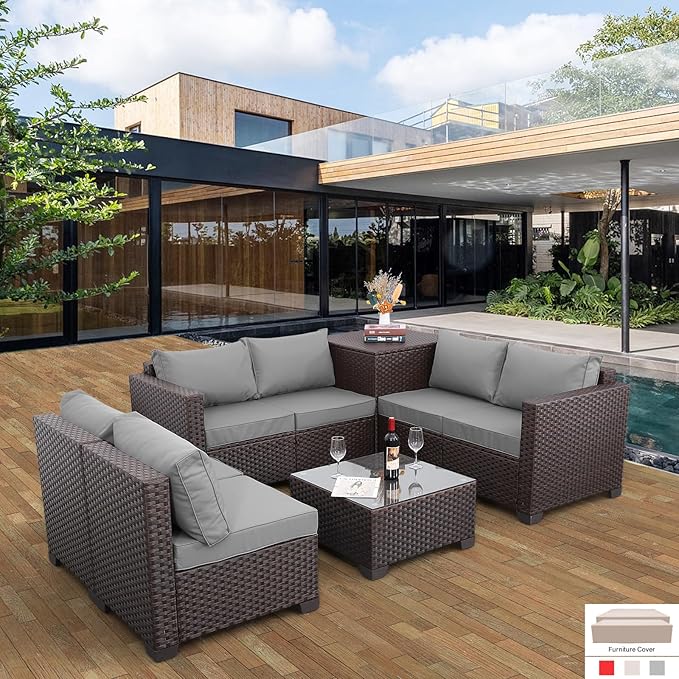 Valita Wicker Patio Furniture 6 Pieces Outdoor Sectional Sofa Patio Conversation Sets Patio Loveseat Outdoor Sofa with Patio Storage Box and Non-Slip Grey Cushions