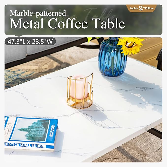 Sophia & William Patio Furniture Sets for 7 Outdoor Conversation Set 6 Pcs with 4 x Armrest Cushioned Sofa Chairs, 1 x 3-Seat Sofa, 1 Marbling Metal Coffee Table Garden Backyard Poolside Grey