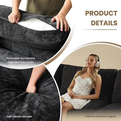 WJShome Modern V Shaped Sectional Couches for Living Room,100 Inch 5-Seater Chenille Deep Seat Modular Sofa with Ottoman, Cloud Couch for Bedroom and Apartment，Black
