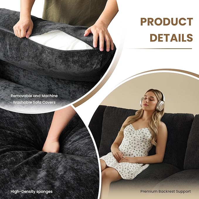 WJShome U Shaped Sectional Couch 134 Inch 4-Seater Modern Modular Sofa with 2 Ottoman,Chenille Deep Seat Couches for Living Room, Bedroom and Apartment，Black