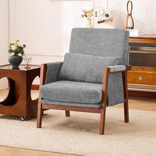 Accent Chair Mid-Century Modern with Lumbar Support Pillow, Upholstered Living Room Chairs with Wooden, Chenille Armchair with Cushion, Anthropologie Side Chair for Bedroom, Light Grey
