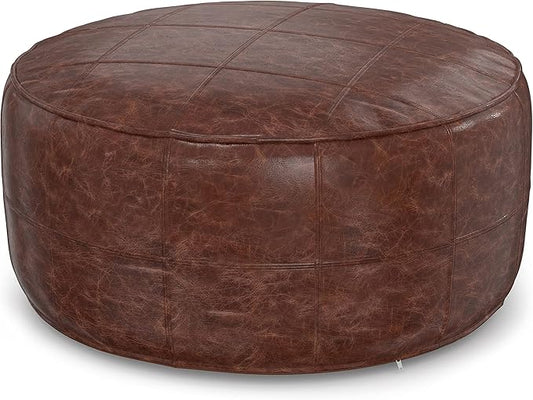 SIMPLIHOME Connor Boho Round 34 inch Round Coffee Table Pouf in Distressed Brown Genuine Leather for the Living Room, Bedroom and Kids Room