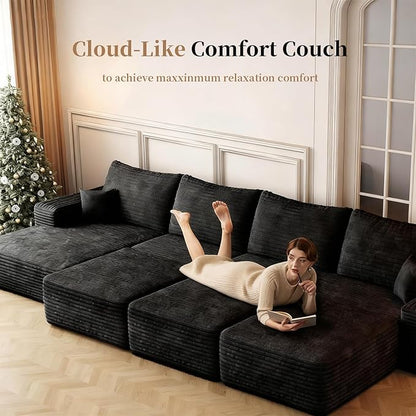 135.4'' Oversized Cloud Sofa Sectional Couch, Boneless Couch with L-Shape Chaise, Upholstered Compression Modular Sectional Sofa for Living Room, No Assembly Required (Black, Left Facing Chaise)