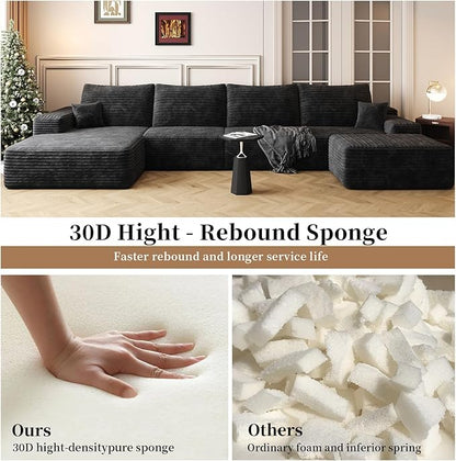 135.4" Large Cloud Modular Sectional Couch with Ottoman, Minimalist Upholstered Couches, Comfort U Shaped Sofa for Living Room,Deep Seat Corner Couch，No Assembly Required (Black,Left Facing Chaise)