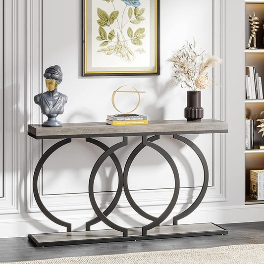 LITTLE TREE 55 inch Faux Marble Gold Console Table Modern Entryway Table Narrow Long Sofa Table Accent Table for Living Room, Grey + Black