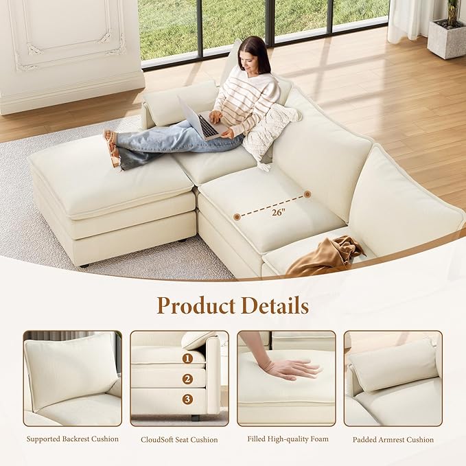 Vesgantti 108" U Shaped Sectional Couch, Comfy Cloud Modular Sectional Sofa with 2 Ottoman Deep Seat Chenille Modern Cloud Sofa, Modular Sofas for Living Room, Bedroom and Apartment, Creamy Beige