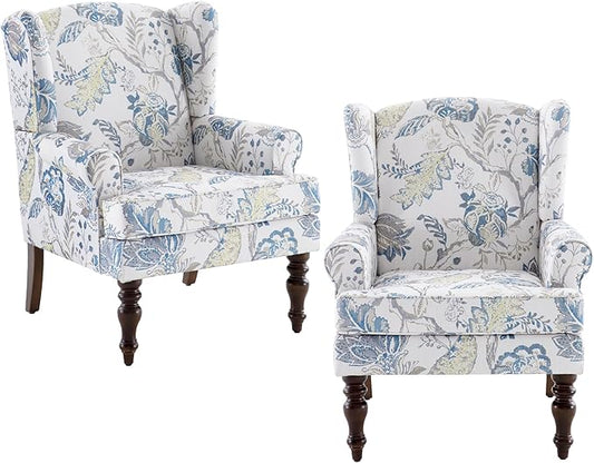 HUIMO Living Room Chair Upholstered High Back Armchair Retro Printed Wingback Chair in Linen for Bedroom & Study Comfy Accent Sofa Chair Reading Chair Holds 300lbs (Navy Blue) (2, Blue Floral-2PCS)