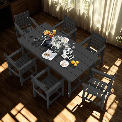 7 Piece Patio Dining Set with 11ft Patio Umbrella (Yellow), 7 Black Outdoor HDPE Dining Set with 6 Chairs + 1 Large Table with 2" Umbrella Hole, for Market, Pool, Garden, Backyard, Deck