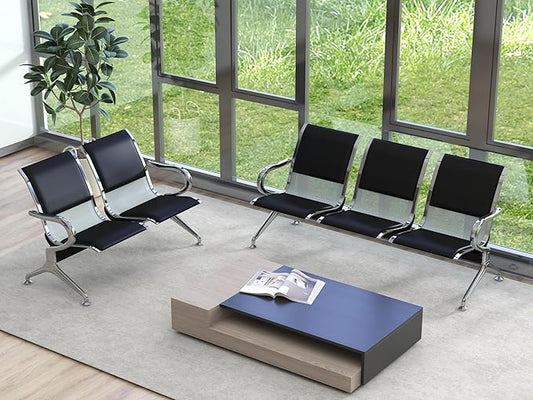 Kinsuite 5-Seat PU Leather Reception Bench - 2pcs Waiting Room Chairs with Arms & Non-Slip Foot Mats, Reception Chairs Guest Chair for Office Airport Bank Salon, Black