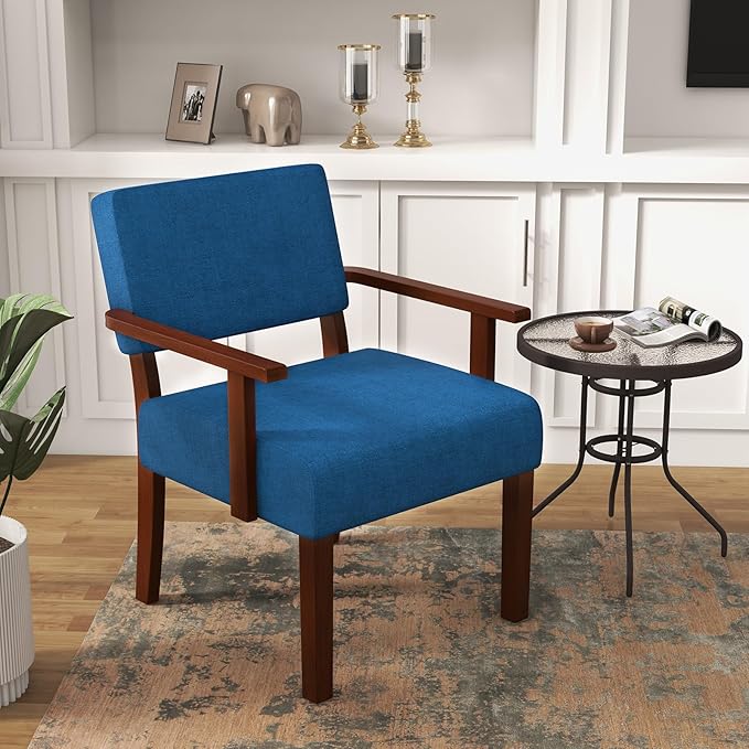 Giantex Mid Century Modern Accent Chair Blue - Linen Living Room Arm Chair w/Soft Padded Seat & Backrest, Rubber Wood Frame, Upholstered Reading Chair for Living Room, Bedroom, Reception