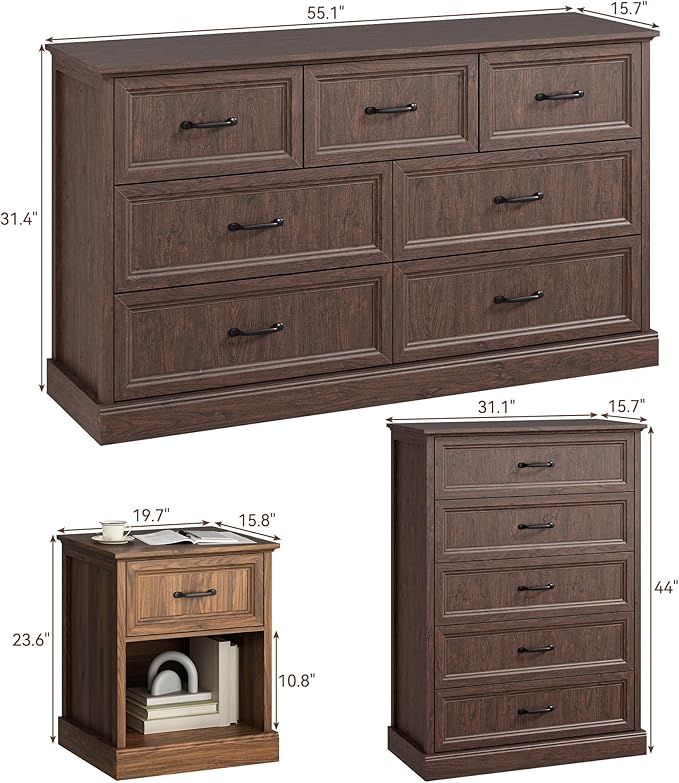CARPETNAL Farmhouse Dresser and Nightstand Sets for Bedroom, 4 Pcs Bedroom Set, 5 Drawer & 7 Drawer Dresser and Nightstand Set of 2, Wood Chest of Drawers for Living Room, Entryway, Brown