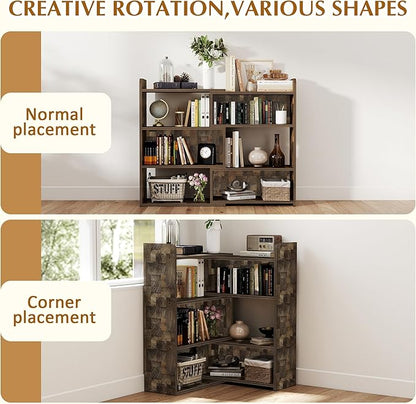 NOBPEINT Wooden Expandable Bookcase, 3-Tier Ladder Open Storage Bookshelf, Storage Organizer Bookcase for Study Office Living Room, Brown