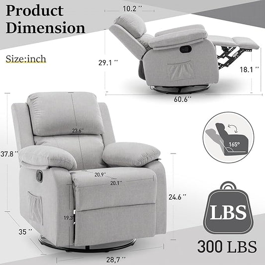 Recliner Chair, 360 Swivel Rocker Chair for Adults, Small Rocking Recliner Chair for Small Spaces, Upholstered Fabric Glider Recliner Nursery with Side Pockets for Nursery, Living Room
