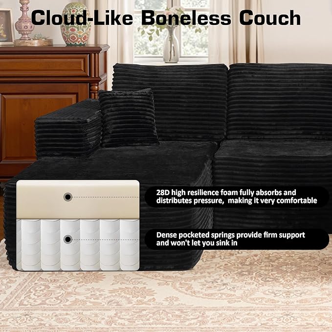 146'' Oversized Boneless Sectional Couch, U Shaped Cloud Couches with Chaise & Ottoman, Plush Corduroy 8 Seater Deep Seat Modular Sofa Sets for Living Room, No Assembly Required, Black