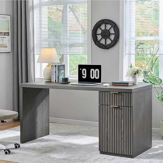 JXQTLINGMU 60" Modern Executive Desk with Storage, Wood Home Office Desk with Drawer & Cabinet, Fluted Computer Writing Desk for Study, Work, Living Room, Bedroom, Grayish Green
