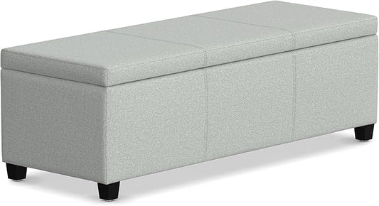 SIMPLIHOME Avalon Storage Ottoman Bench - 48 inch Wide Upholstered Linen Look Fabric Rectangular Lift-Top Ottoman in Light Stone Grey, Transitional Storage Bench for Living Room with High-Density Foam