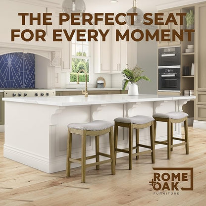 ROME + OAK Set of 2 Parker 26" Counter Stool, Backless Saddle Kitchen Barstool in Natural Wood Finish with Wheat Cream Fabric Upholstery Cushion Seat