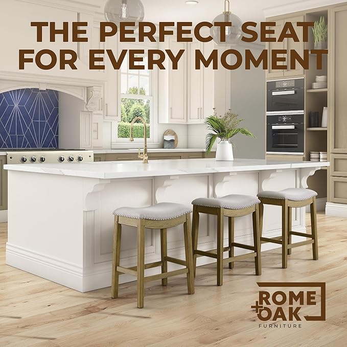 ROME + OAK Set of 3 Parker 26" Counter Stool, Backless Saddle Kitchen Barstool in Natural Wood Finish with Wheat Cream Fabric Upholstery Cushion Seat