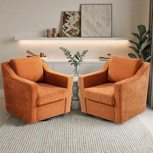 Pia Ricco Set of 2 Oversized Modern Striped Fabric Swivel Accent Chairs with Removable Covers, Living Room Reception Set