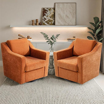 Pia Ricco 360° Swivel Accent Chair, Plush Oversized Chenille Fabric Armchair with Removable Cover for Living Room and Reception,Orange