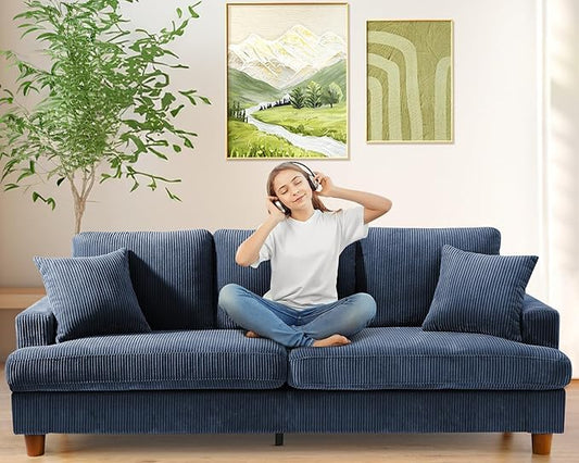 Kidirect 87in Corduroy Couch, Sofa No Tool Assembly, Comfy Couches for Living Room 21in Deeper Seats, Corduroy Sofas for Living Room with 2 Pillows, Oversized Loveseat Sofa, Boho Love Seat Blue Couch