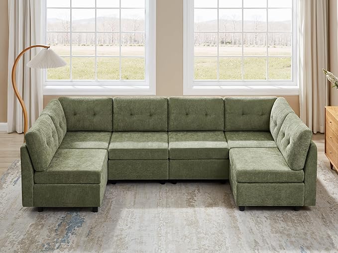 VANOMi 6 Seater Cloud Couches for Living Room, 118" Convertible Modular Cloud Sofas & Couches, Comfy Chenille Sectional Couch Sofa for Apartment, Office, Olive Green, L/U Shaped