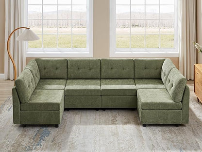 VANOMi 6 Seater Cloud Couches for Living Room, 118" Convertible Modular Cloud Sofas & Couches, Comfy Chenille Sectional Couch Sofa for Apartment, Office, Olive Green, L/U Shaped