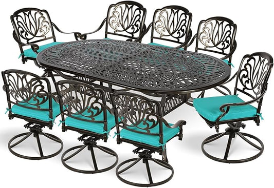 MEETWARM 9-Piece Outdoor Patio Dining Set, All-Weather Cast Aluminum Patio Conversation Set for Backyard Garden Deck with 8 Cushioned Swivel Rocker Chairs, 1 Oval Table, 2" Umbrella Hole, Ocean Blue