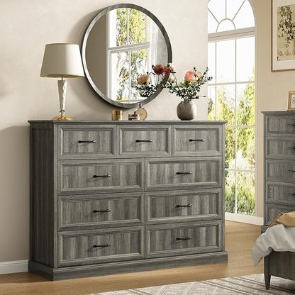 CARPETNAL Farmhouse Dresser and Nightstand Sets for Bedroom, 4 Pcs Bedroom Set, 5 Drawer & 9 Drawer Dresser and Nightstand Set of 2, Wood Chest of Drawers for Living Room, Entryway, Grey